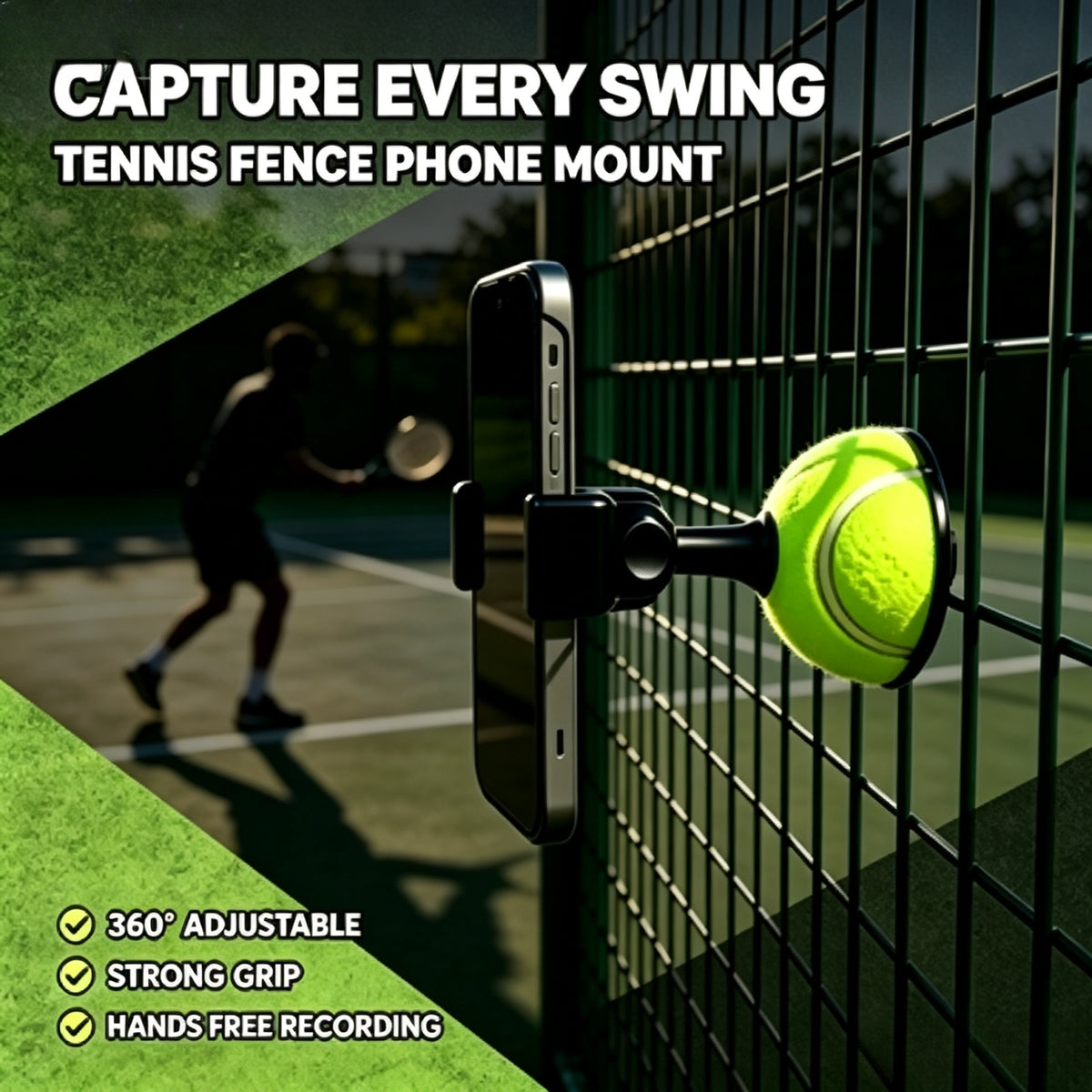 Fence Phone Mount for Court Recording, Phone Holder Compatible with Tennis and Pickleball Court Fences, 360 Degree Adjustable Hands‑Free Shooting Accessory